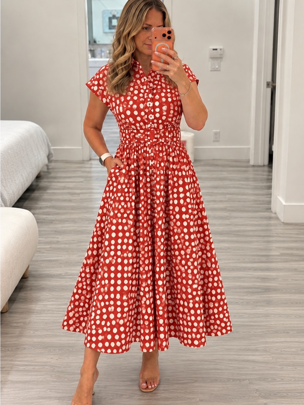 Red Polka Dot Button-Front Midi Dress with Fitted Waist